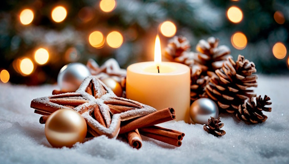 Hvidt bloklys omgivet af grankogler, kanel, små julekugler i sølv og guld samt et drys "sne"